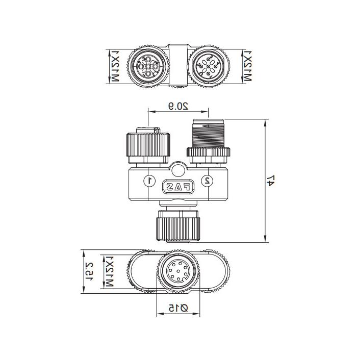 M12 8Pin母头/M12 5Pin公头+M12 5Pin母头、三通接头、648551