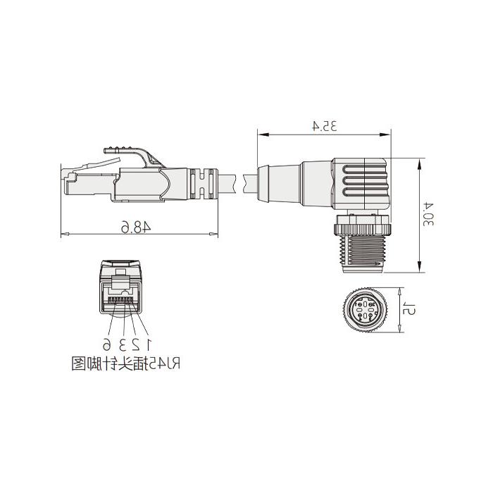 M12 4Pin D-coded 公头90°转RJ45公头直型、双端预铸PUR柔性电缆、带屏蔽、绿色护套、0C4591-XXX