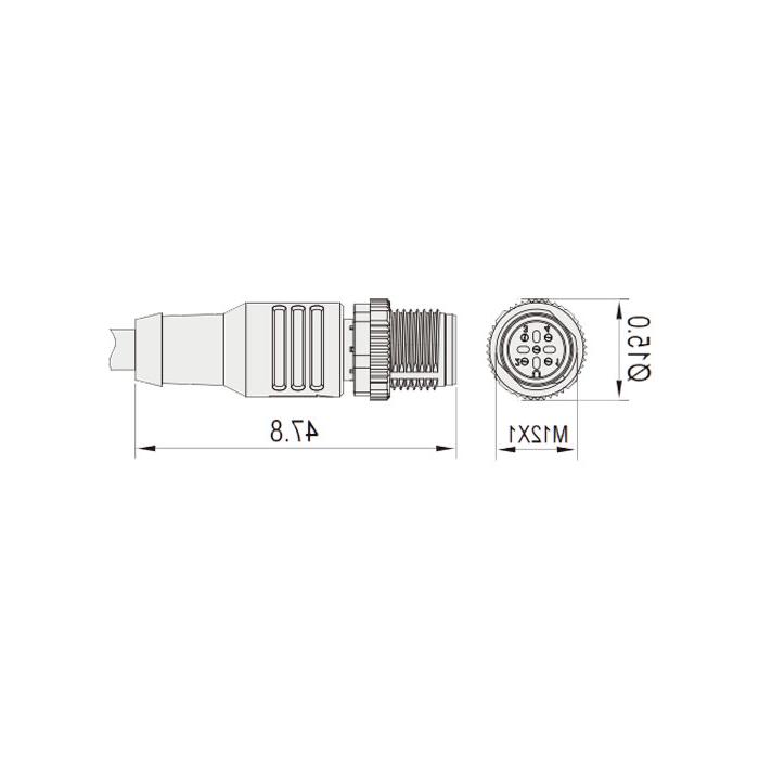 M12 4Pin, straight male head, high temperature resistance 120℃, single-end precast PUR flexible cable, black sheath, 64H141-XXX